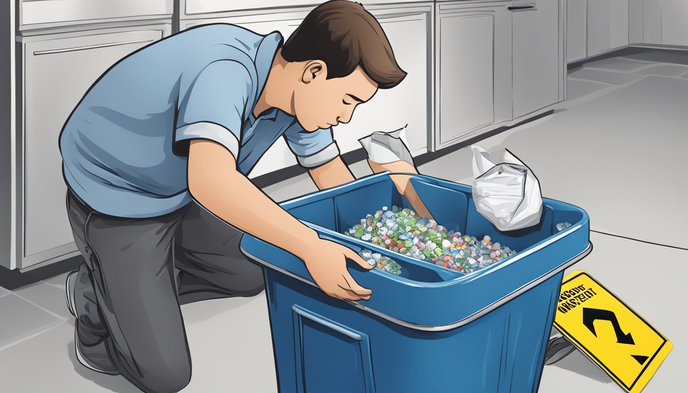 A person discarding a packet of silica gel into a trash bin labeled "Hazardous Waste" with a "Do Not Eat" warning symbol