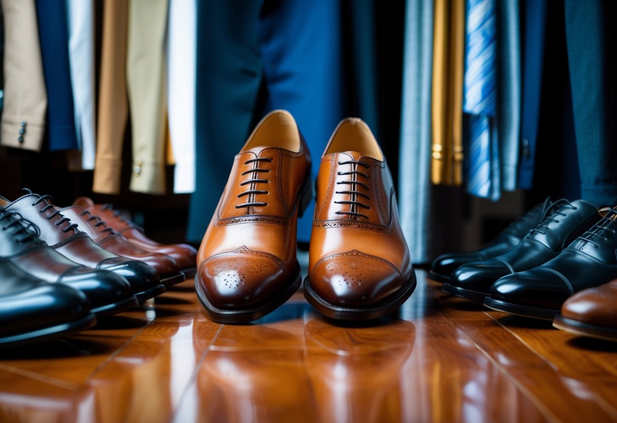 A pair of elegant brown shoes displayed on a polished wooden floor, surrounded by a selection of formal attire