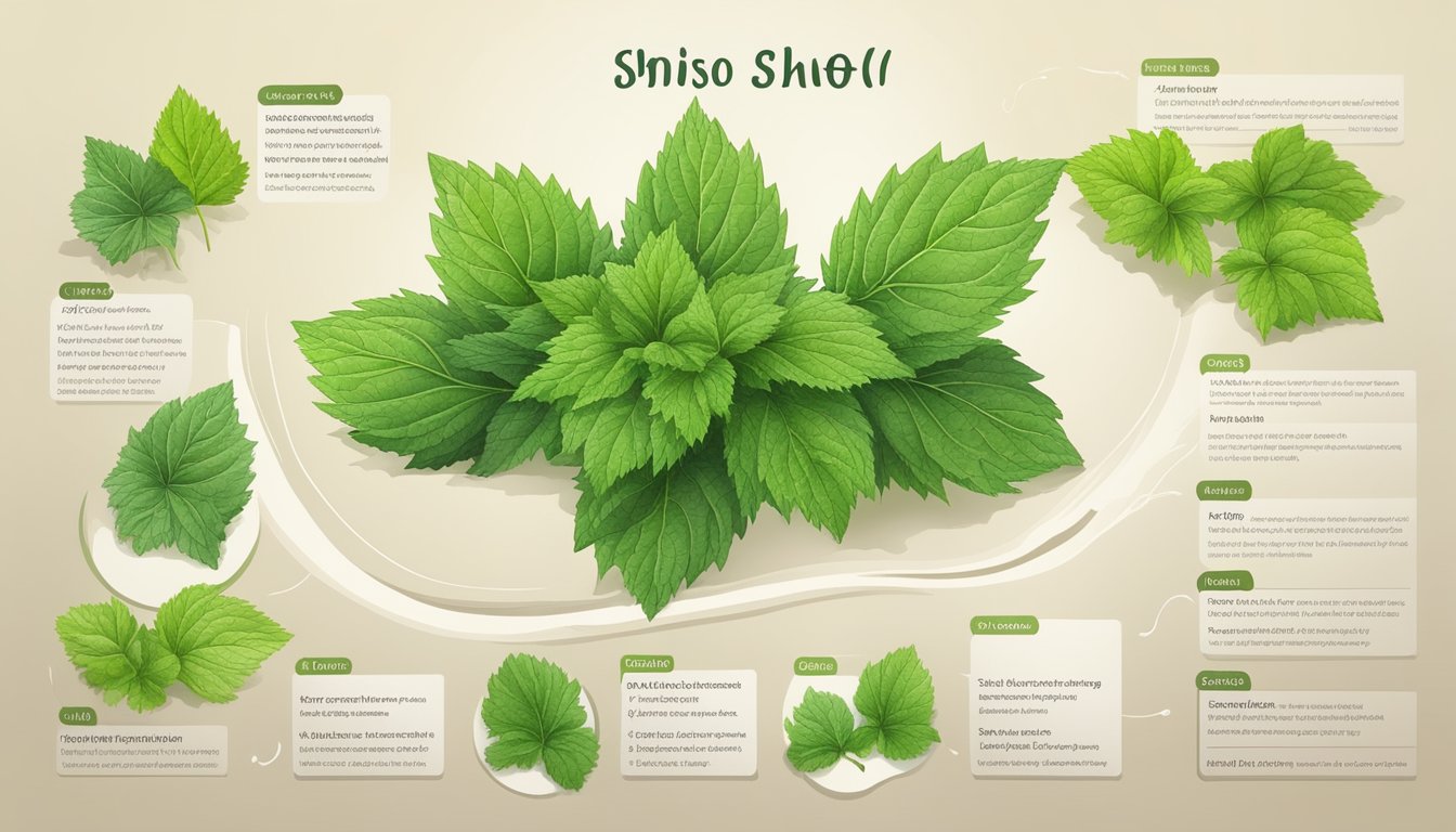 A vibrant illustration of fresh shiso leaves with a detailed nutritional profile and a list of health benefits