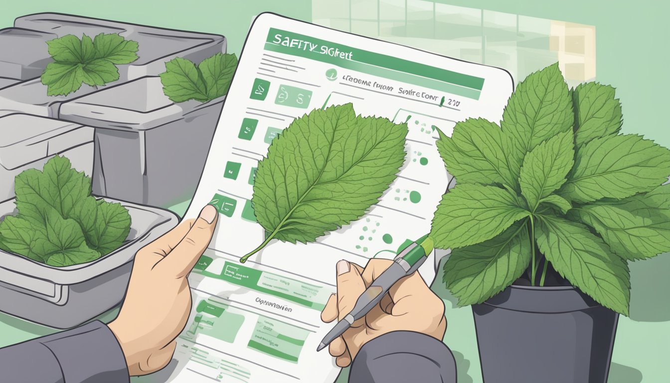 A person holding a shiso leaf while looking at a safety and consumption guidelines chart