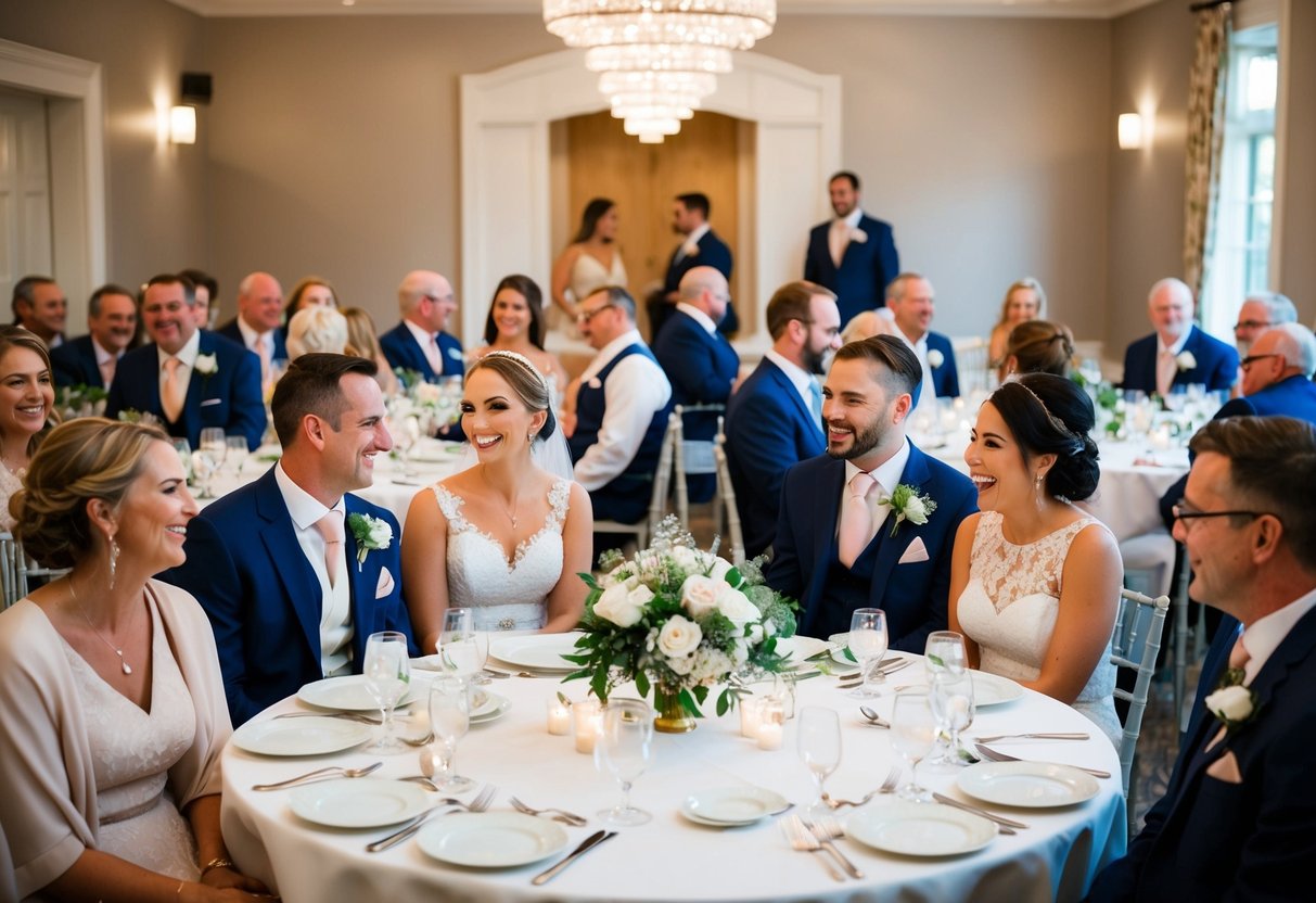 Family and friends sit together at round tables, chatting and laughing. The bride and groom are seated at the head table, surrounded by their wedding party