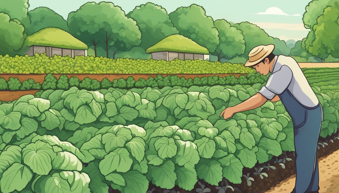 Lush garden with rows of shiso plants, surrounded by other vegetables. A farmer examines the leaves for freshness and quality