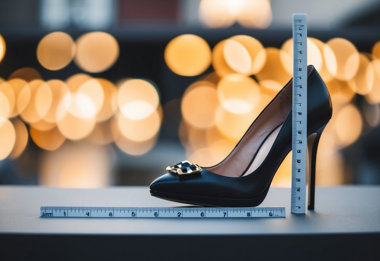 A ruler measuring 8 cm stands next to a high-heeled shoe