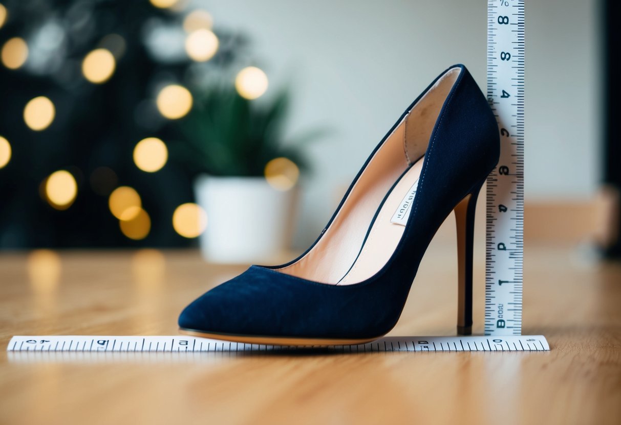 A high-heeled shoe next to a ruler, measuring 8 cm in height