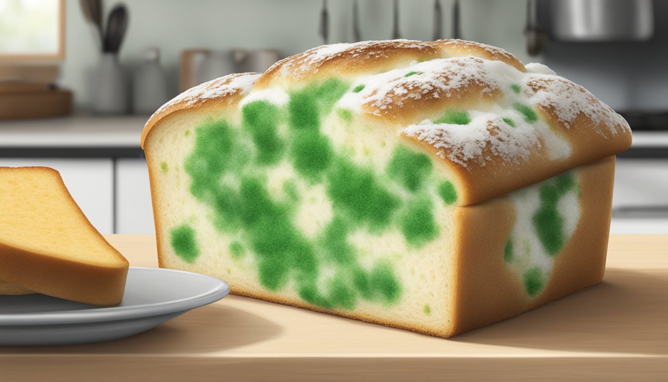 A piece of bread covered in green and white fuzzy spots, sitting on a kitchen counter