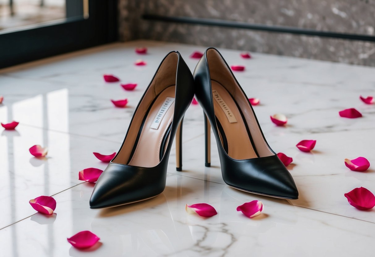 A pair of sleek, black 8 cm heels placed on a white marble floor, surrounded by scattered rose petals