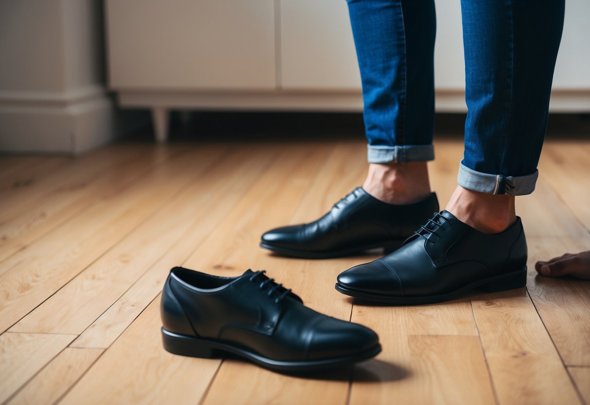 A pair of slightly tight shoes placed on a wooden floor with a person's feet nearby, showing discomfort