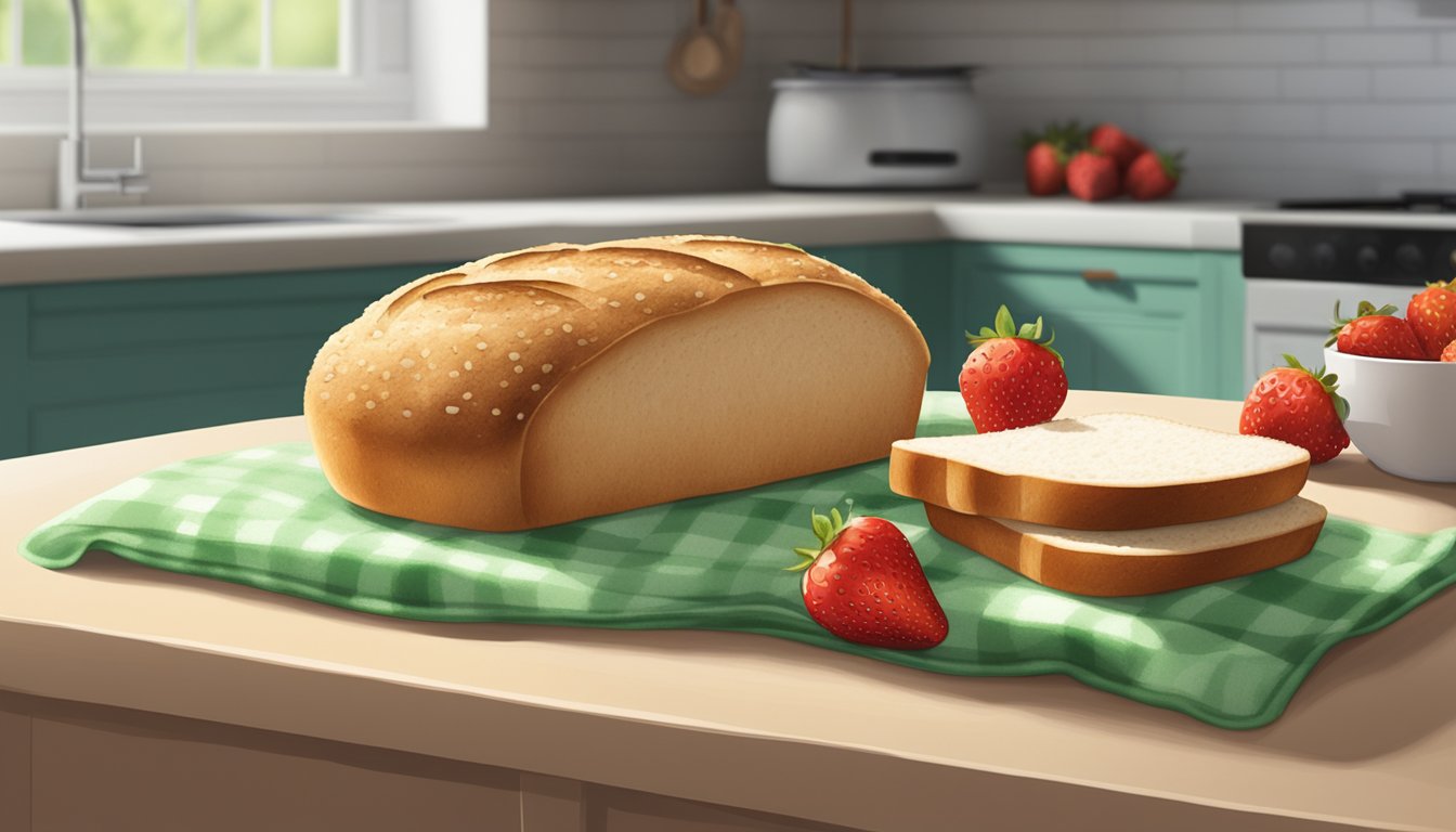 A piece of bread covered in green and white fuzzy spots, sitting on a kitchen counter next to a loaf of bread and a container of strawberries