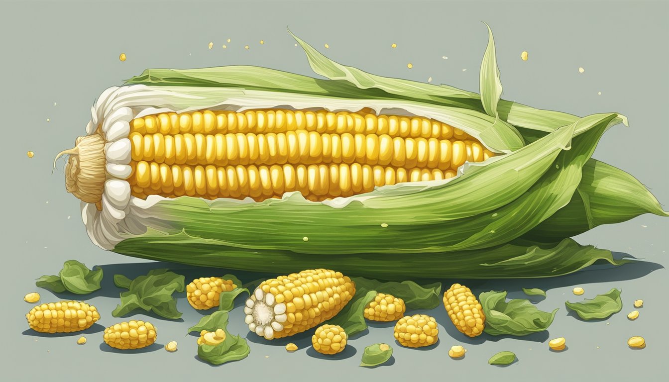 A cob of corn covered in green and white mold, with a few kernels visibly decayed