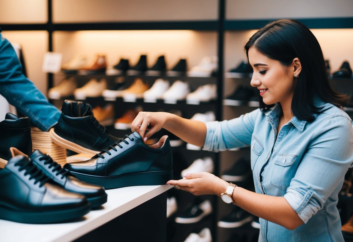 A shoe store with a person trying on a larger size shoe