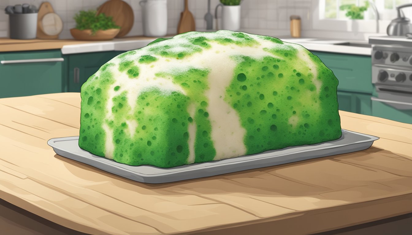 A piece of bread covered in green and white mold sitting on a kitchen counter