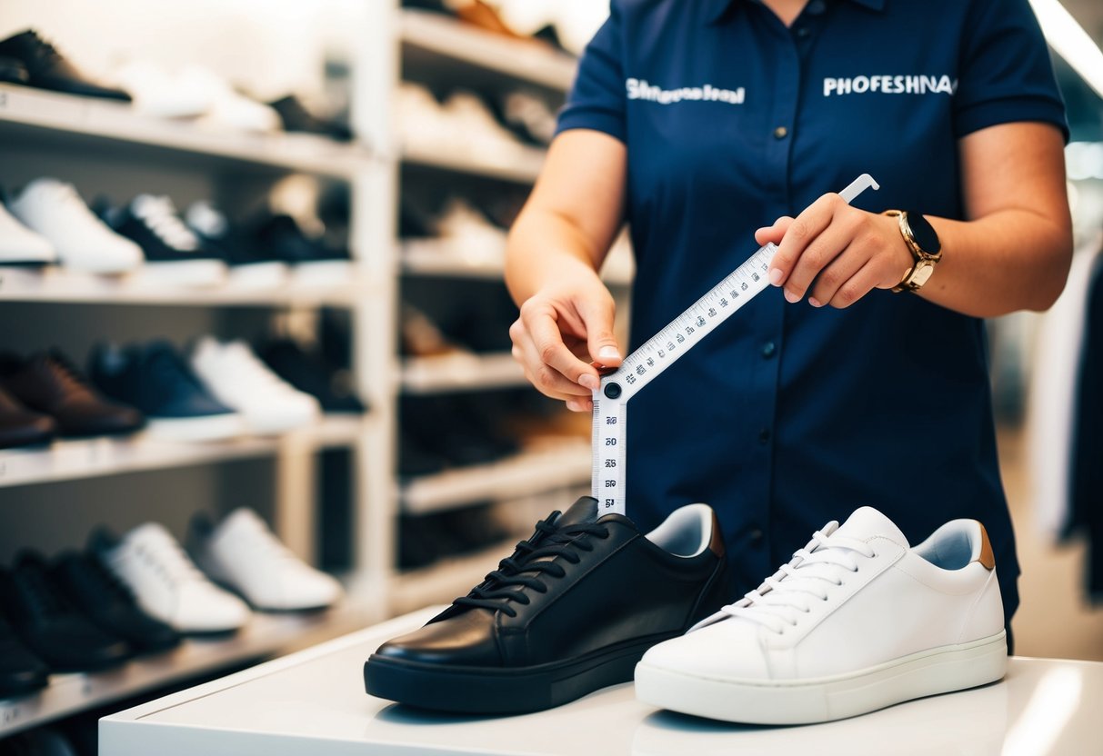 A shoe store employee holding a measuring tool, comparing the size of two shoes