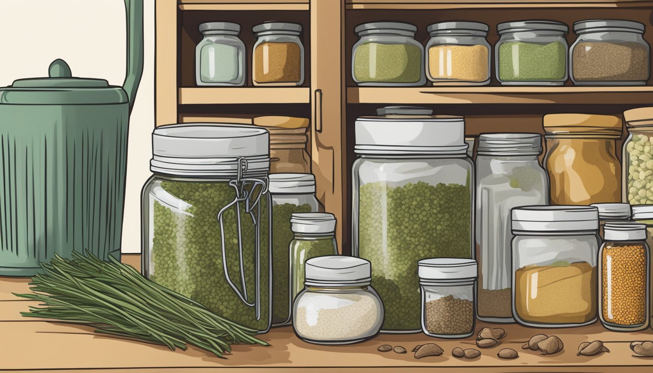 A jar of expired dried chives sits on a kitchen shelf, surrounded by other spices and condiments. The label shows the expiration date, and the chives appear slightly discolored