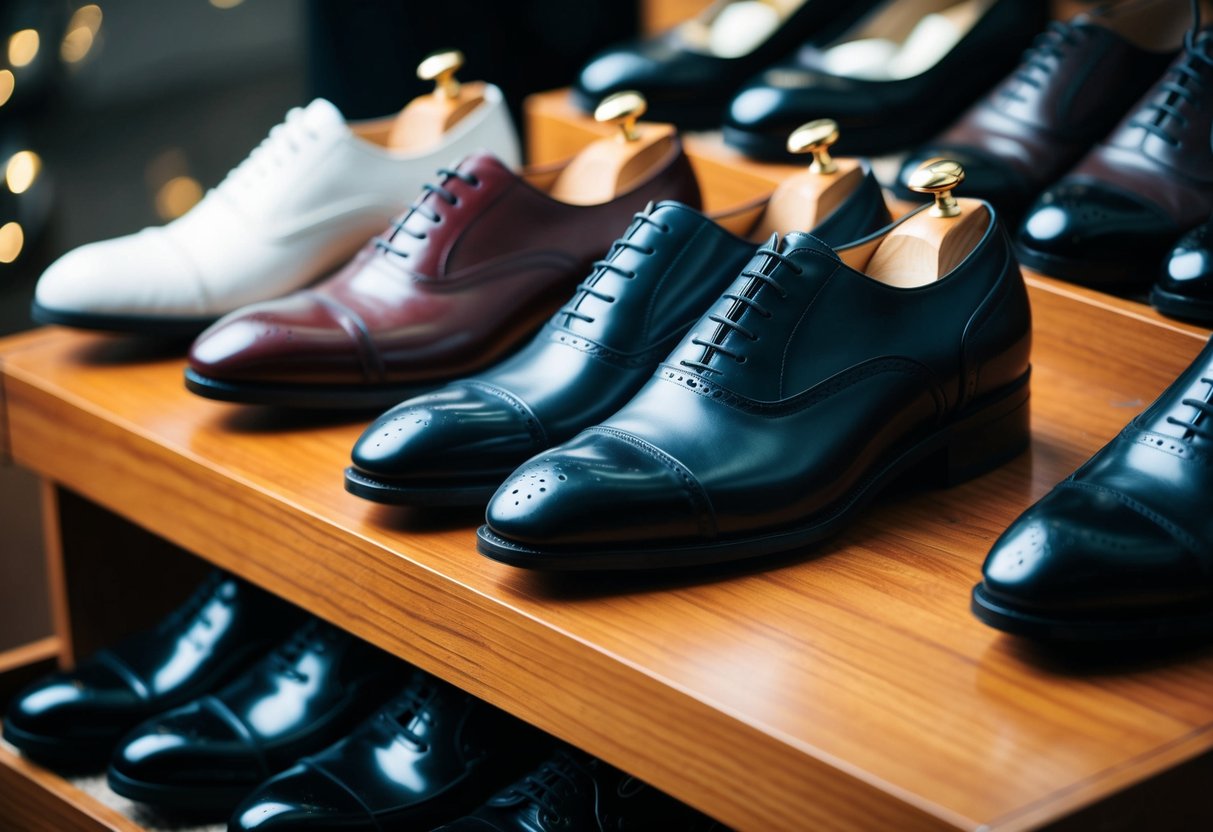 A pair of polished formal shoes neatly arranged on a wooden shoe rack, surrounded by other pairs of shoes