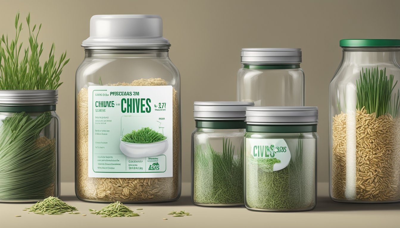 A jar of dried chives with an expiration date visible on the label, surrounded by various storage containers and methods