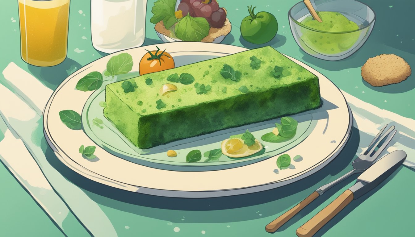 A piece of moldy food sits on a plate, surrounded by other fresh food items. The mold is visible and appears fuzzy and green in color