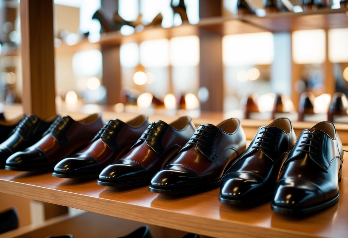 A row of polished formal shoes lined up neatly on a wooden display shelf