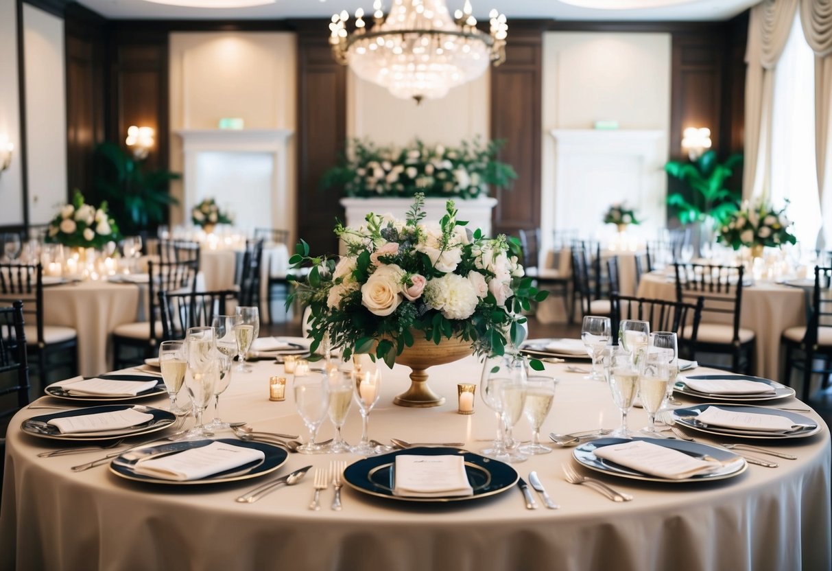 A grand table adorned with elegant floral centerpieces and fine china, set for the wedding party, overlooks the reception hall