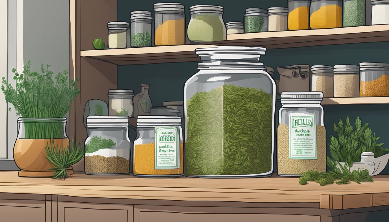 A jar of dried chives sits on a kitchen shelf, surrounded by other spices and herbs. The label on the jar indicates an expiration date that has passed