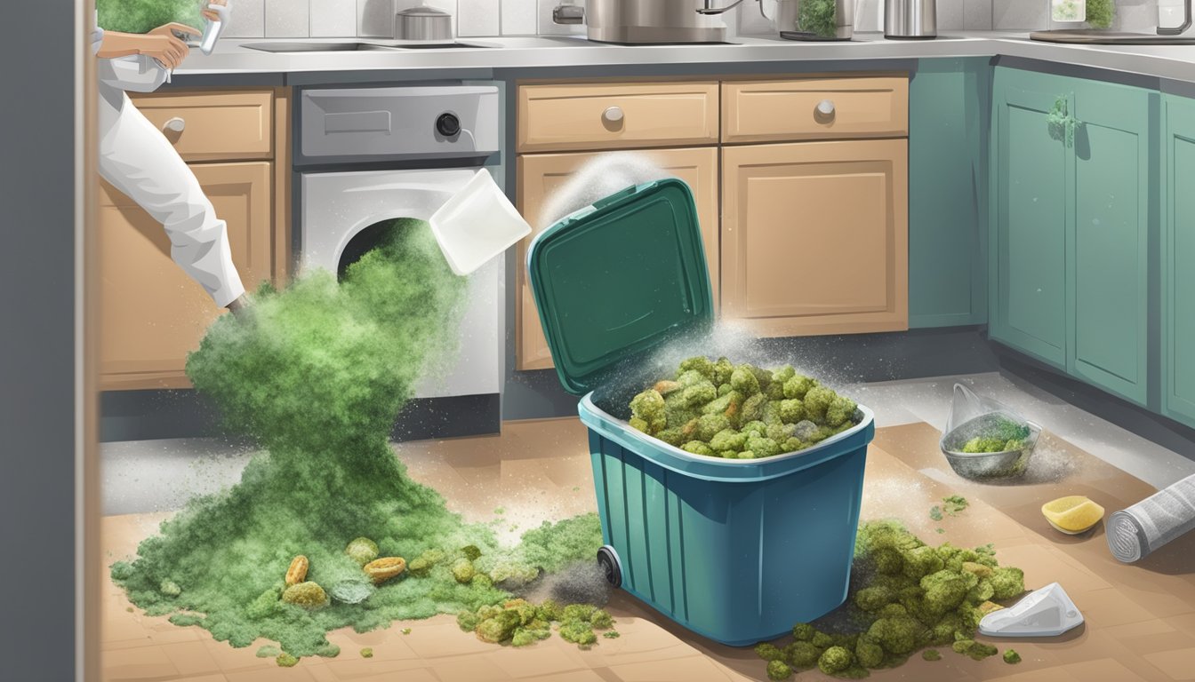 A kitchen scene with moldy food being thrown into a trash can, while a person cleans and disinfects the surrounding area to prevent further mold growth