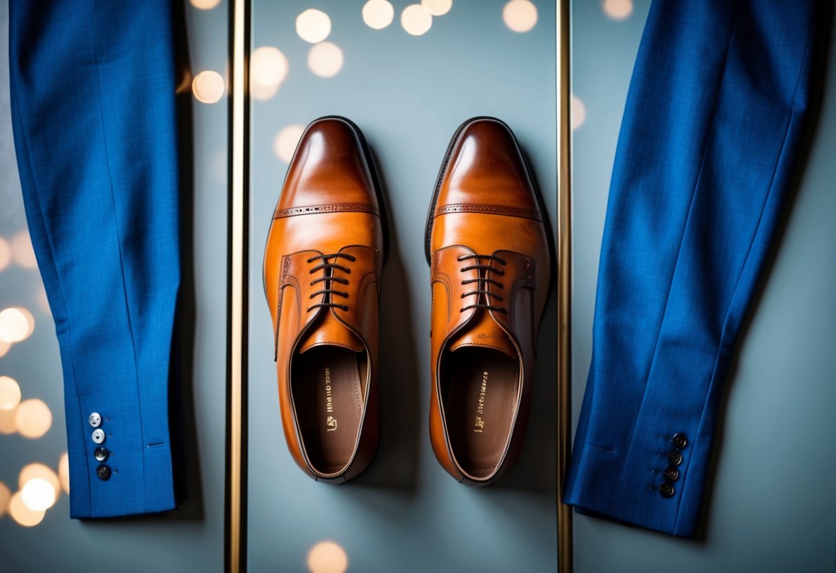 A blue suit and brown shoes lay side by side, with a clear divide between them