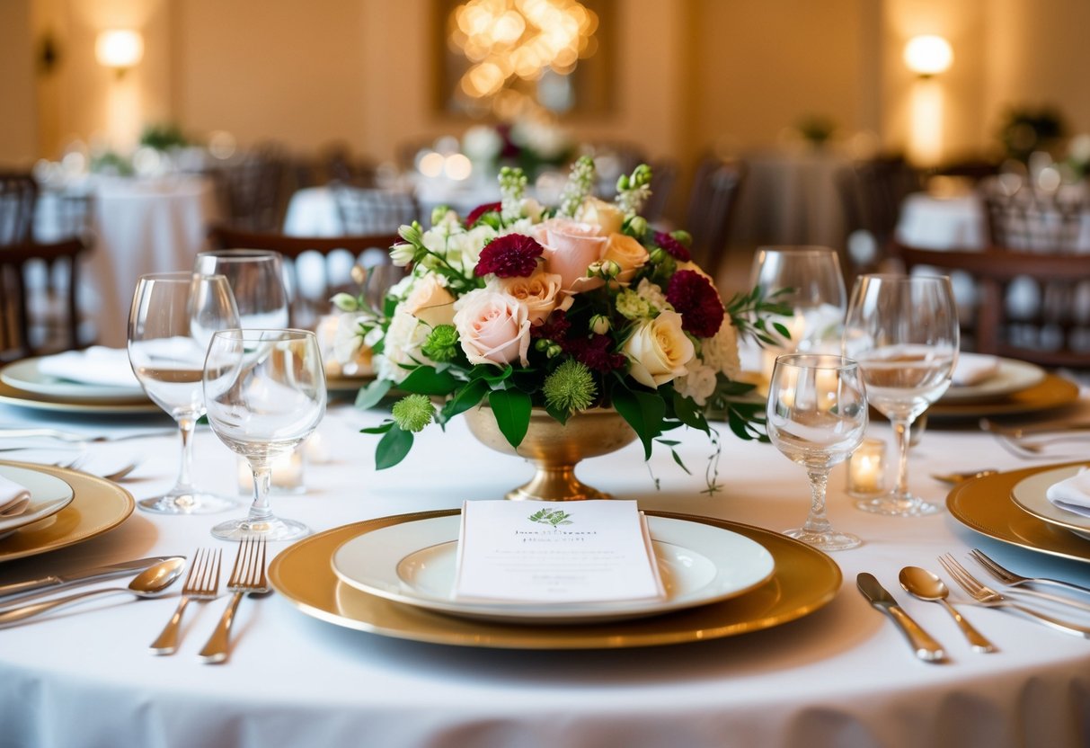 A beautifully set table with elegant place settings and a centerpiece of fresh flowers
