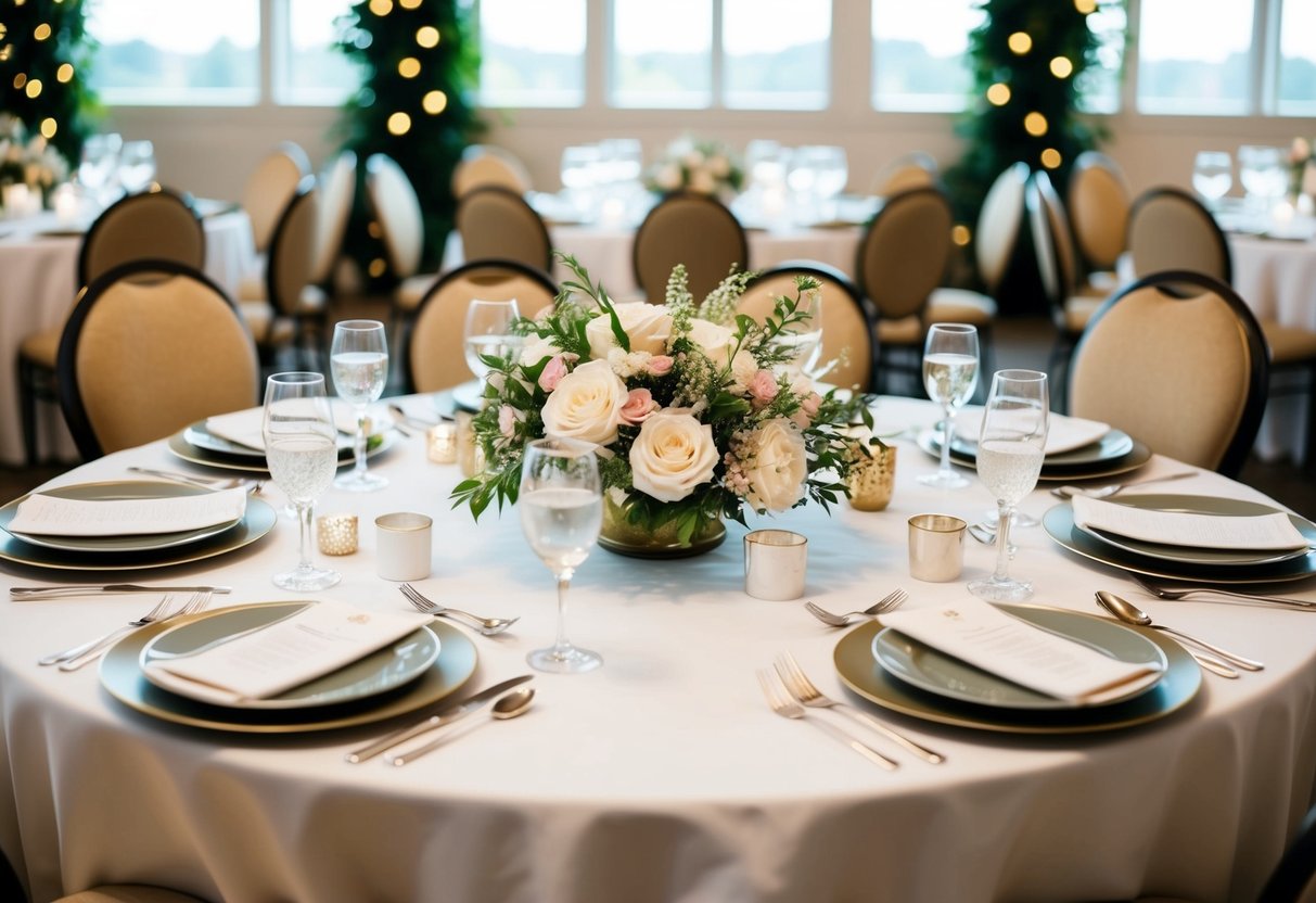 A round table with elegant place settings and floral centerpieces