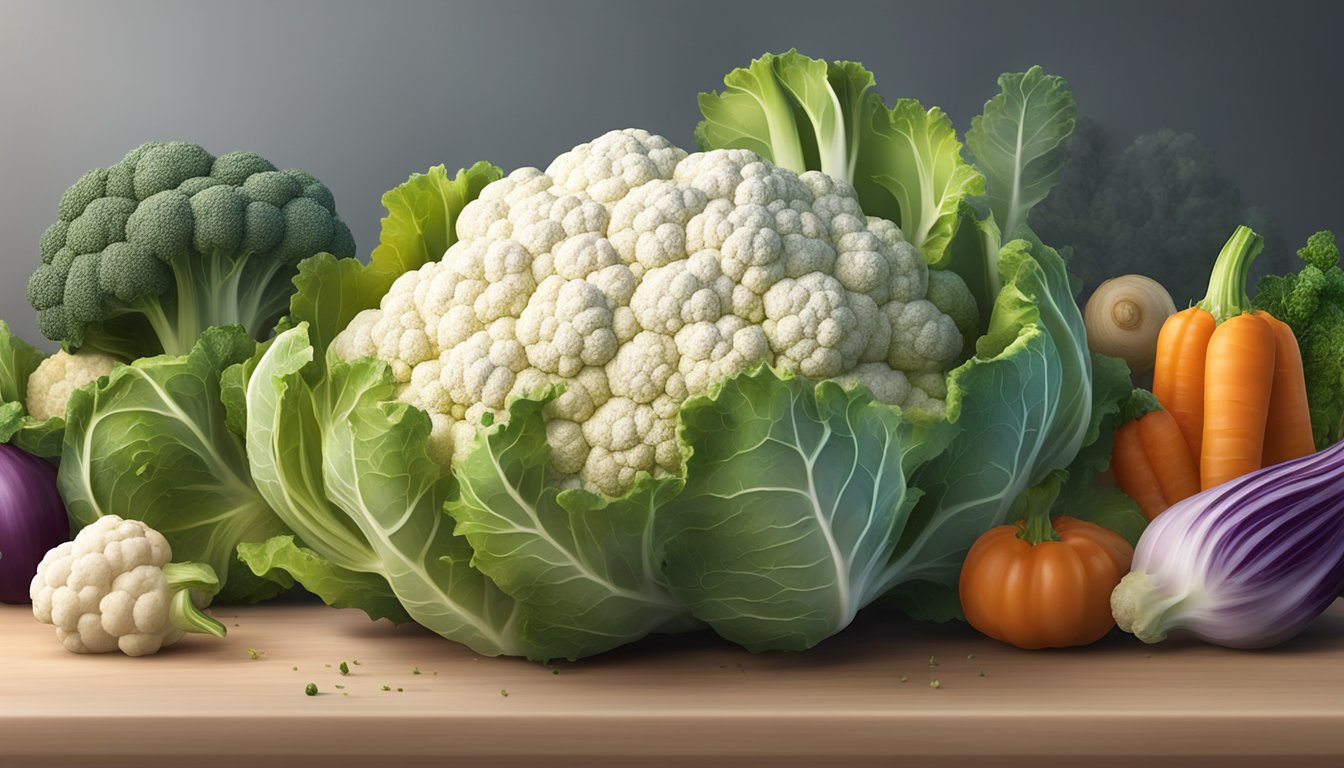 A moldy cauliflower sits on a kitchen counter, surrounded by other vegetables. The mold is visible on the surface of the cauliflower