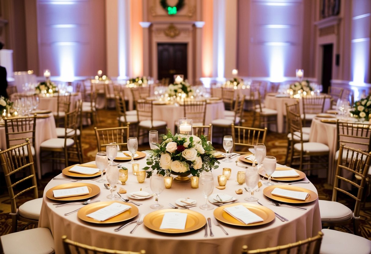 A grand ballroom with elegantly set tables, each adorned with floral centerpieces and golden place settings. Table 1 is placed prominently at the center, reserved for the wedding party and VIP guests