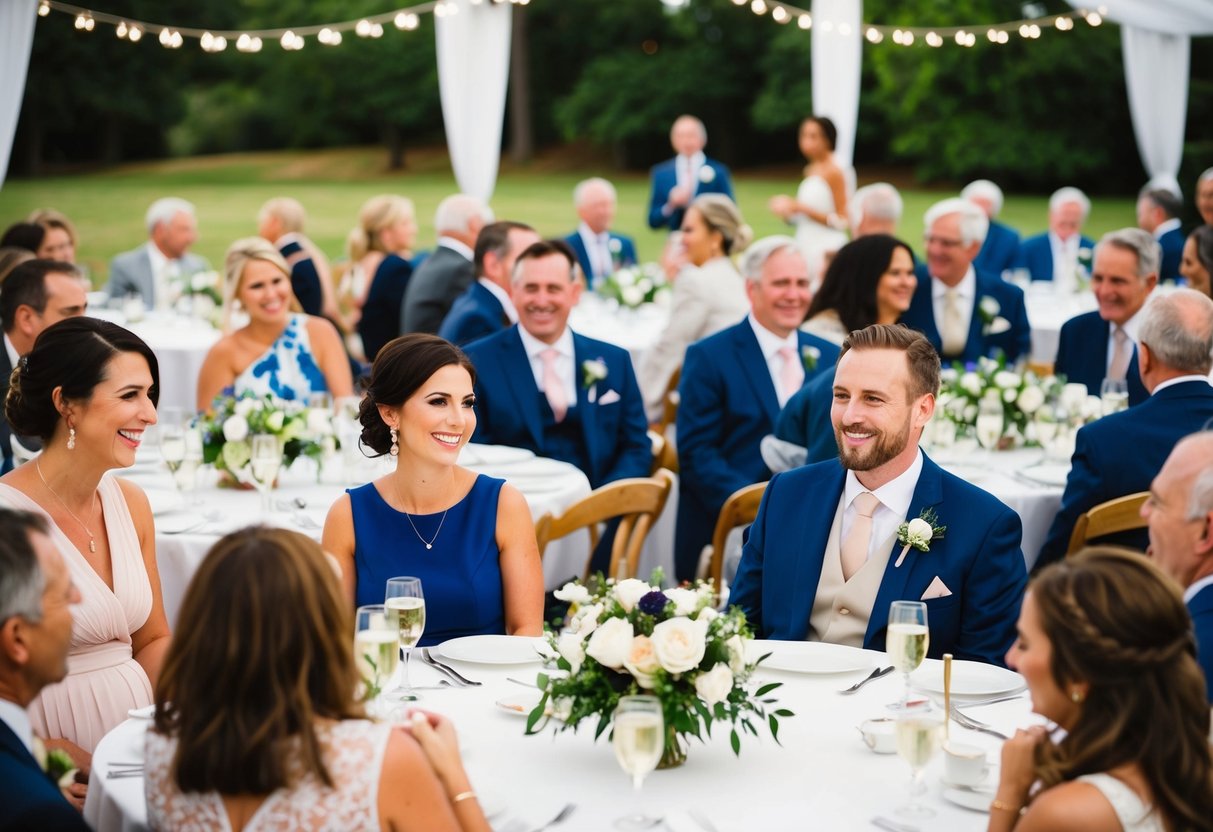 Families and friends gather at round tables, chatting and laughing, while the bride and groom sit at the head table