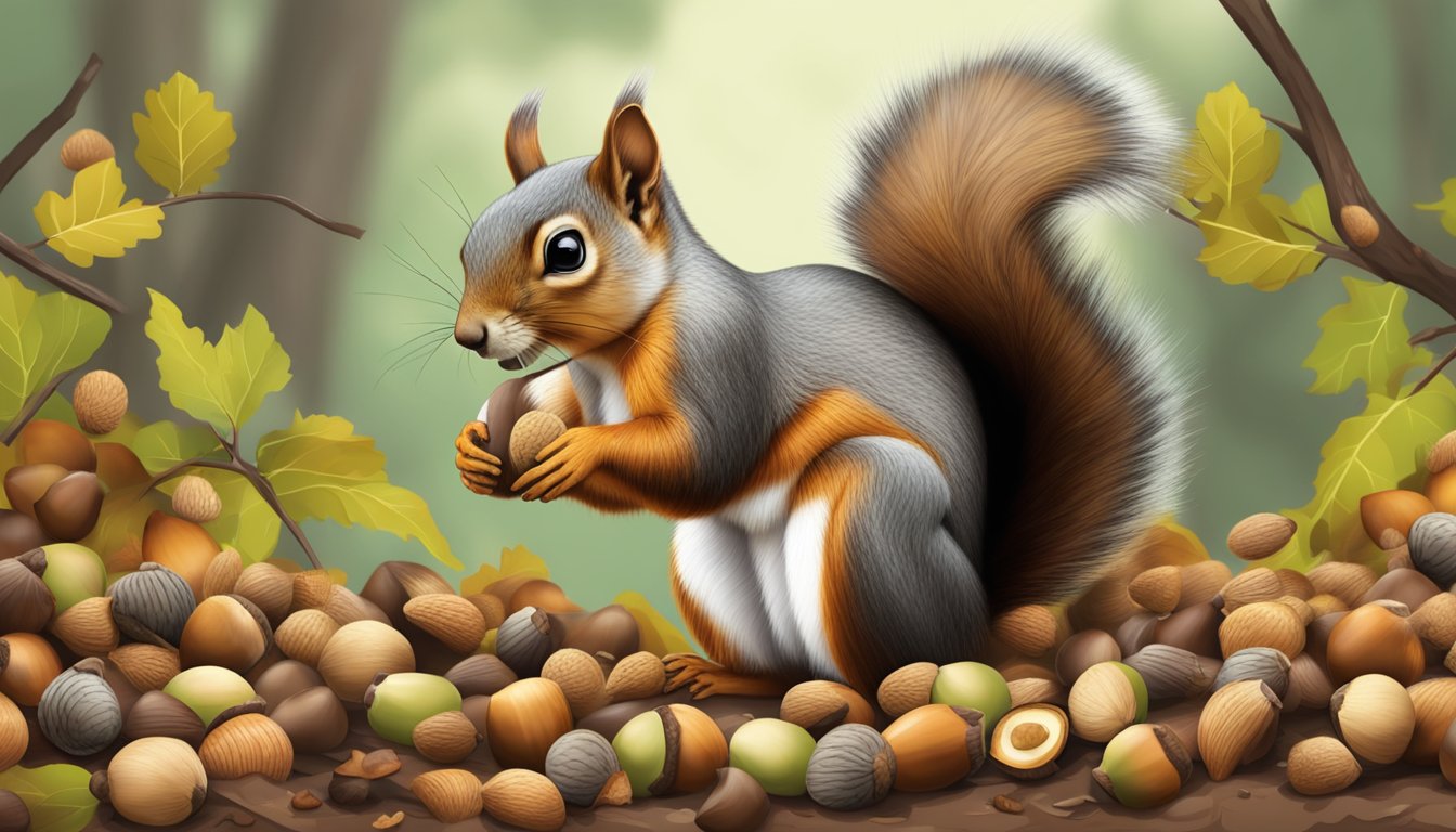 A squirrel cautiously inspects a pile of acorns, sniffing and nibbling before scampering away with a chosen nut