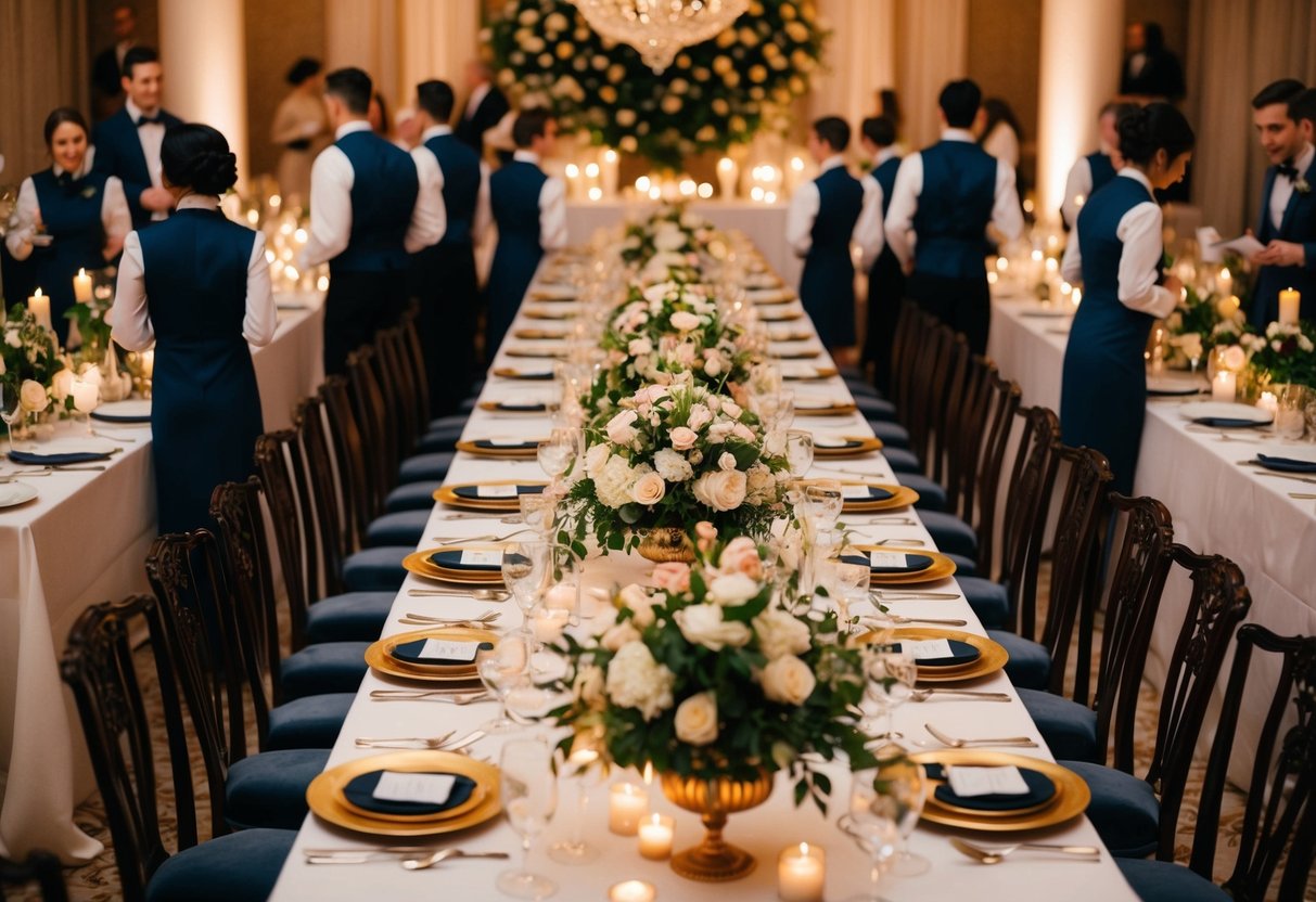 A large, ornate table set with elegant place settings and surrounded by bustling servers and guests. The head table is adorned with lavish floral arrangements and soft candlelight, creating a warm and inviting atmosphere
