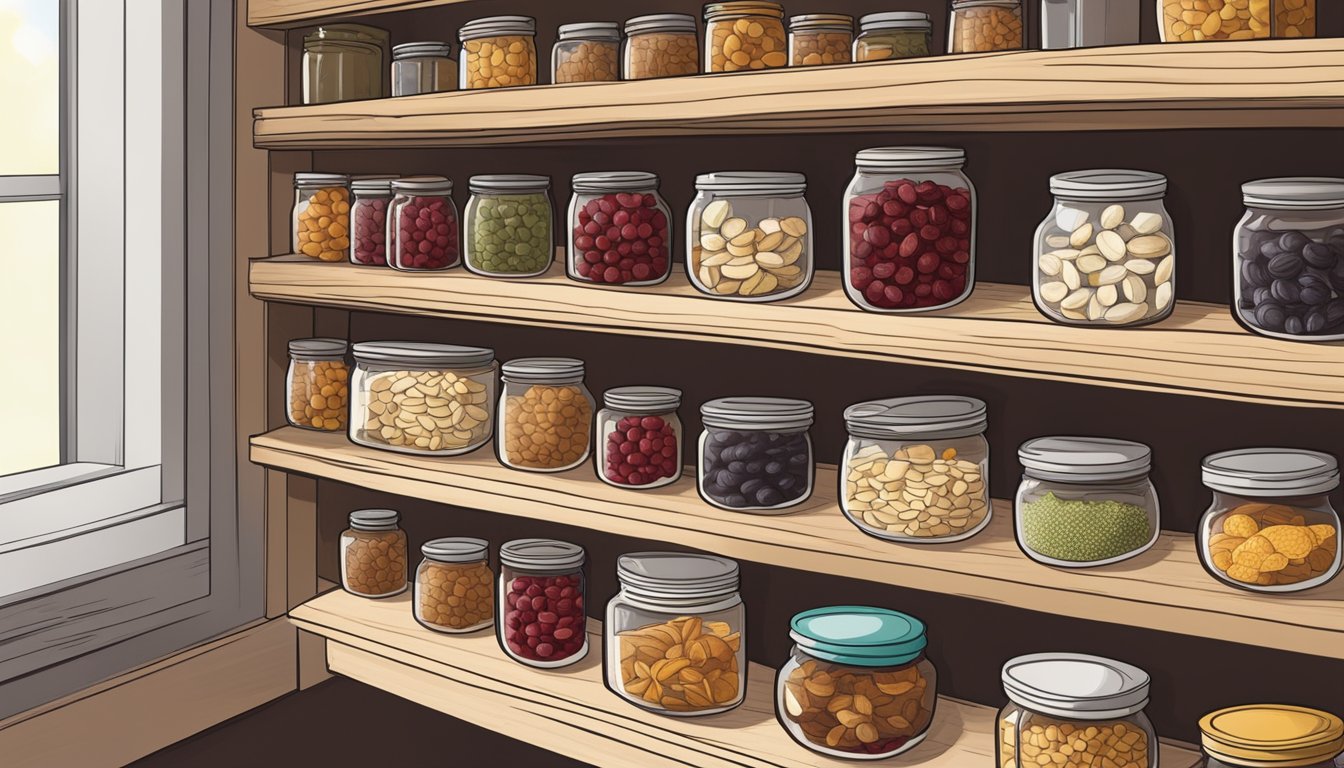 A pantry shelf with a jar of dried cherries, a label indicating expiration date, and a storage guide for dried fruits