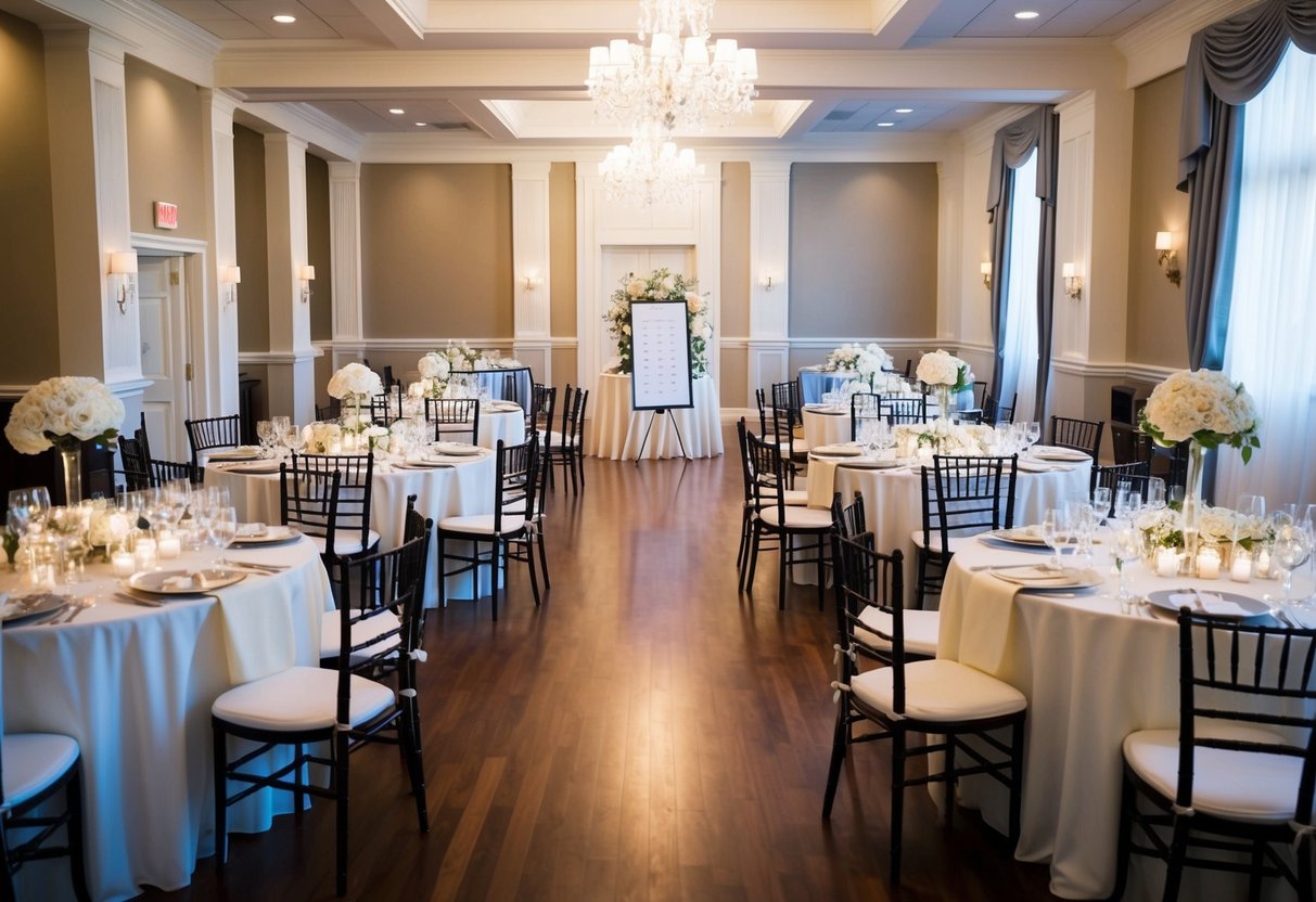 A wedding reception hall with elegantly set tables, each numbered, and a seating chart displayed at the entrance