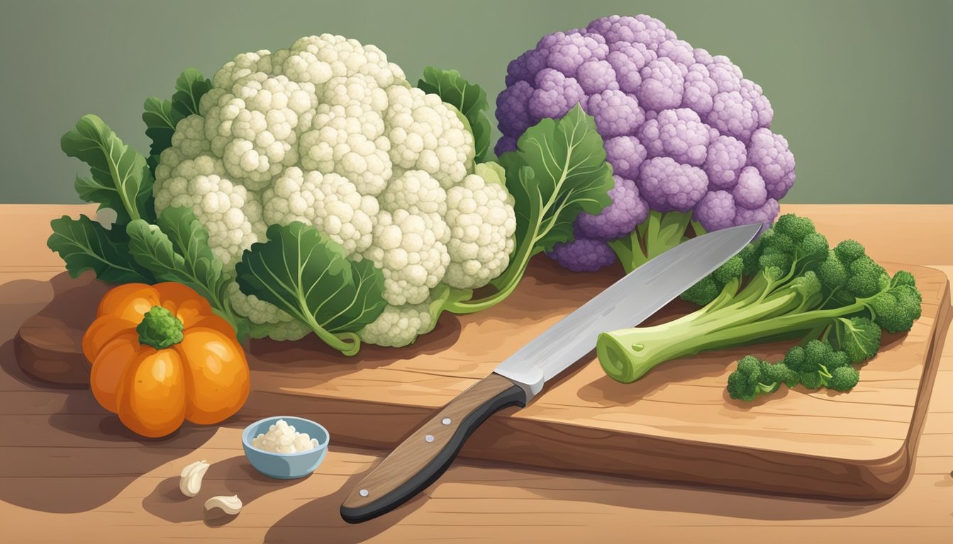 A cauliflower with visible mold sits on a cutting board next to a knife and other fresh vegetables