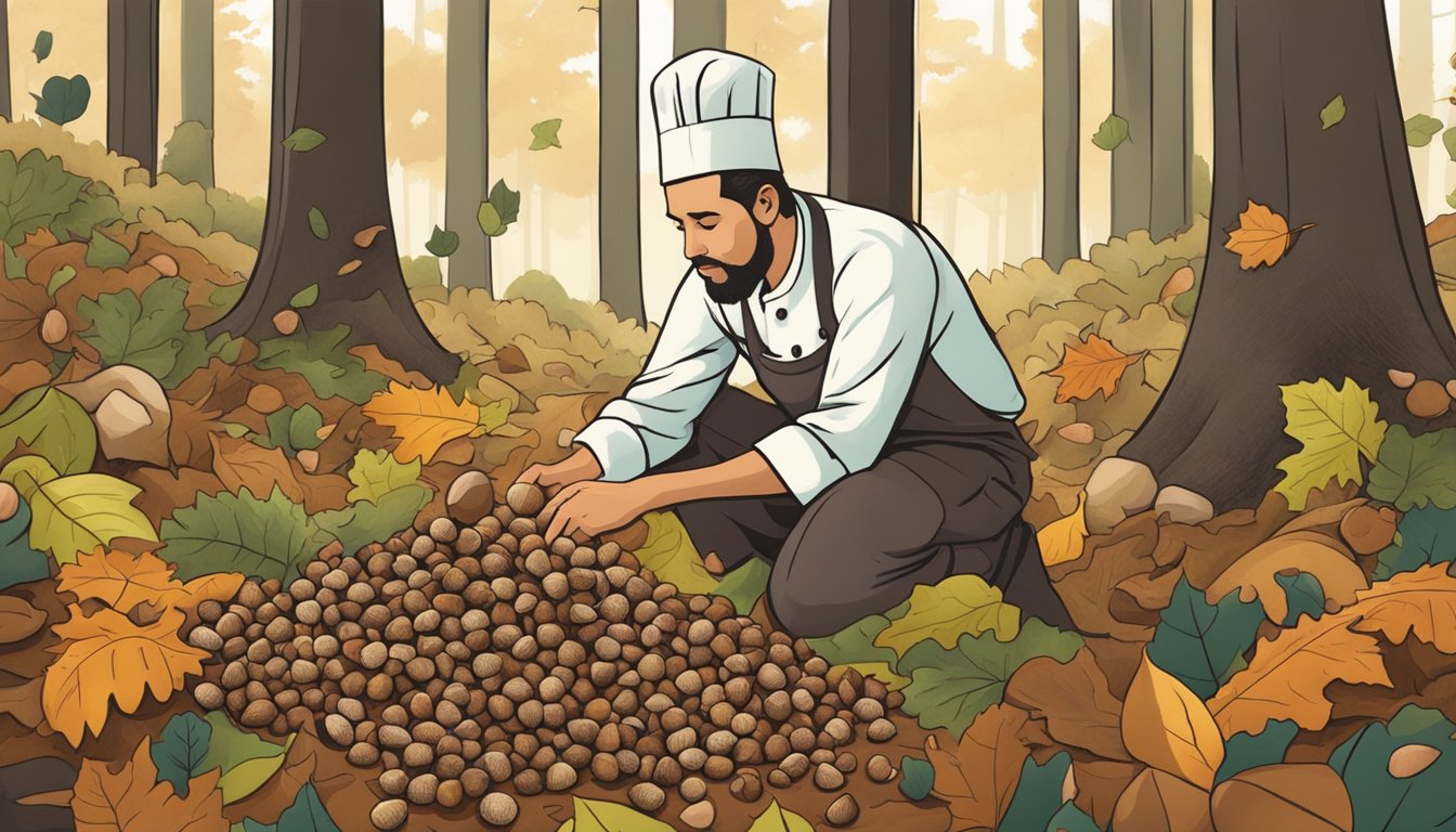 A chef gathering acorns from the forest floor, examining them for use in a recipe