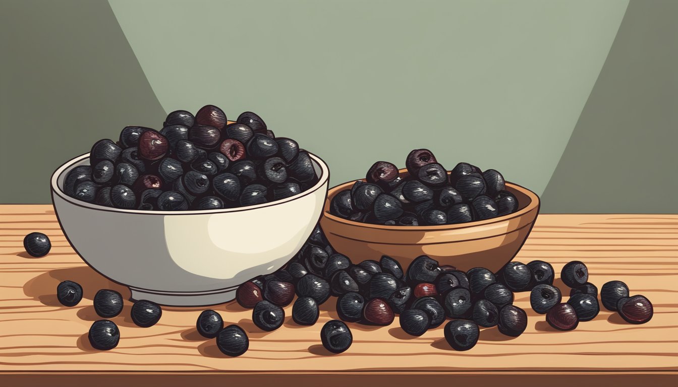 A bowl of dried cherries spilling out onto a wooden table, surrounded by scattered cherry pits and a few fresh cherries for contrast