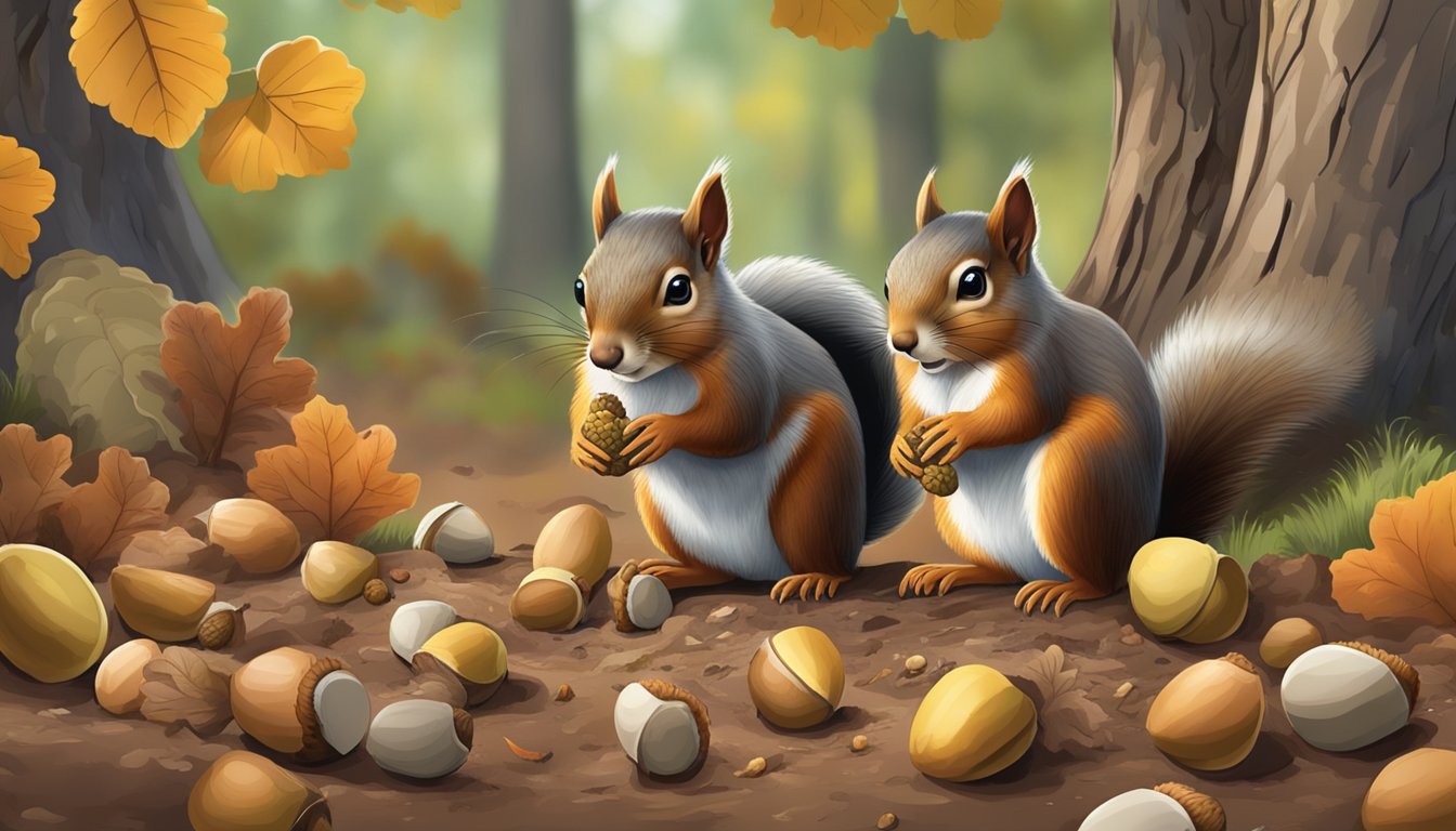 A squirrel gathering and burying acorns in the ground for safekeeping