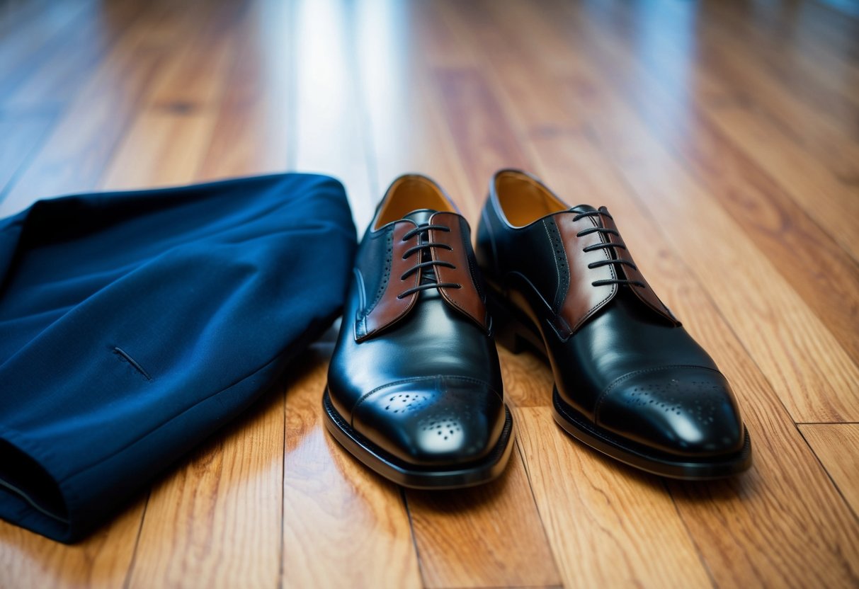 A pair of black and brown shoes placed next to a navy suit on a wooden floor