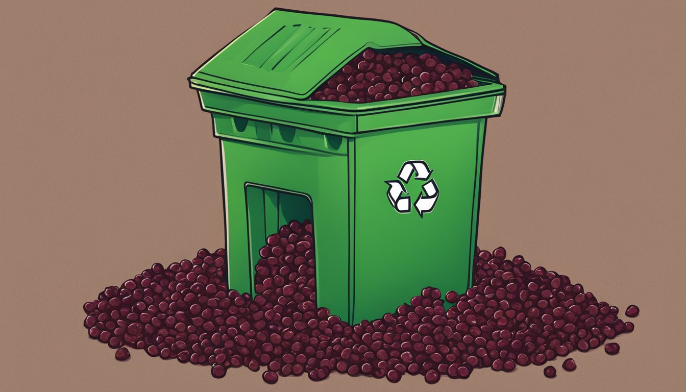 A pile of expired dried cherries next to a recycling bin, with a question mark above them