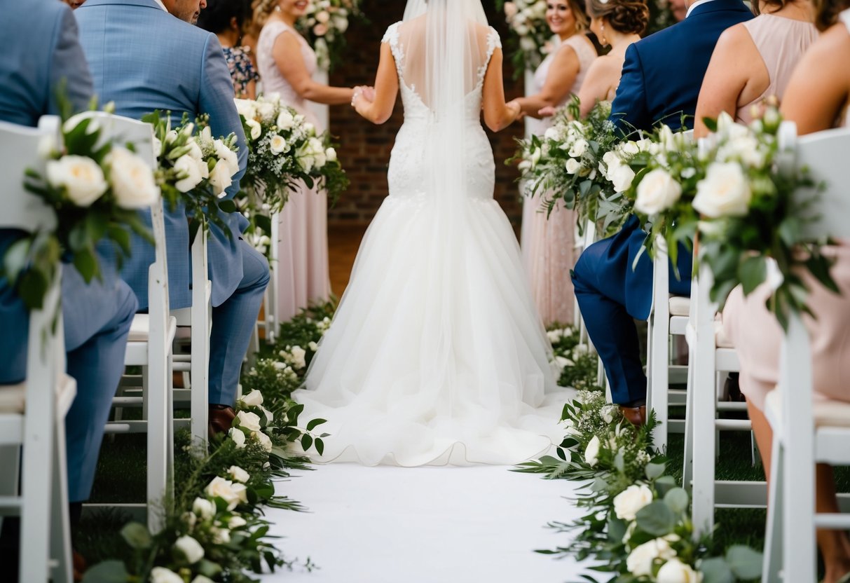 A bride and groom sit on opposite sides of a floral-decorated aisle at a wedding ceremony