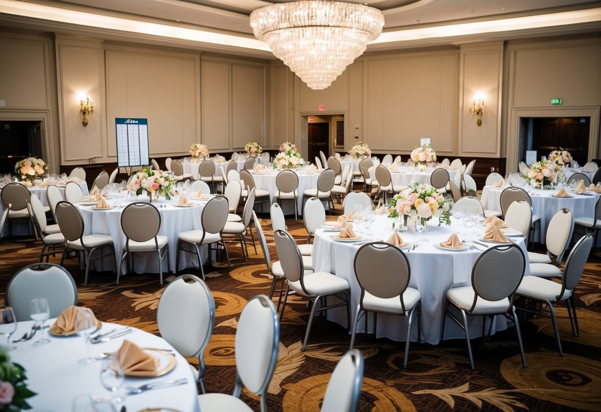 A large, elegant ballroom with round tables adorned with white tablecloths and floral centerpieces. A seating chart displayed near the entrance