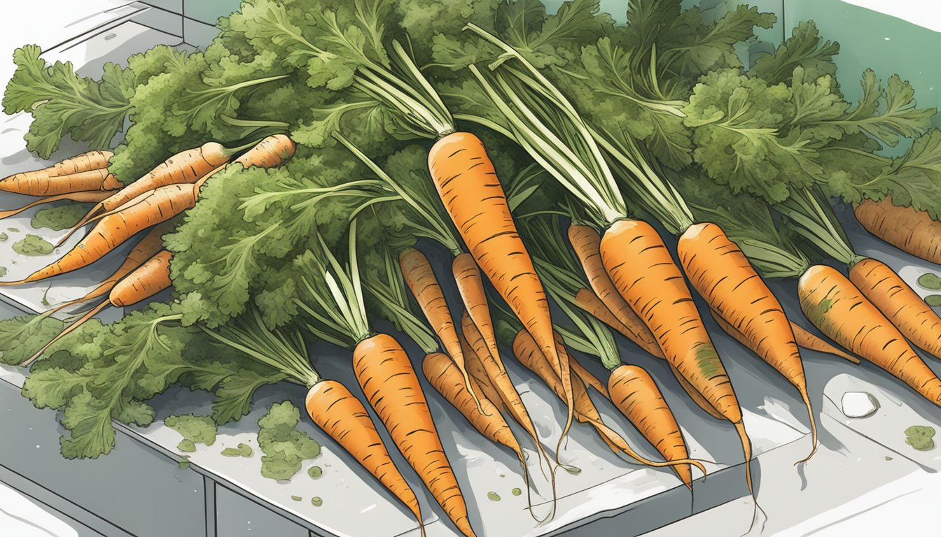 A pile of moldy carrots on a kitchen counter, surrounded by visible green and white mold growth