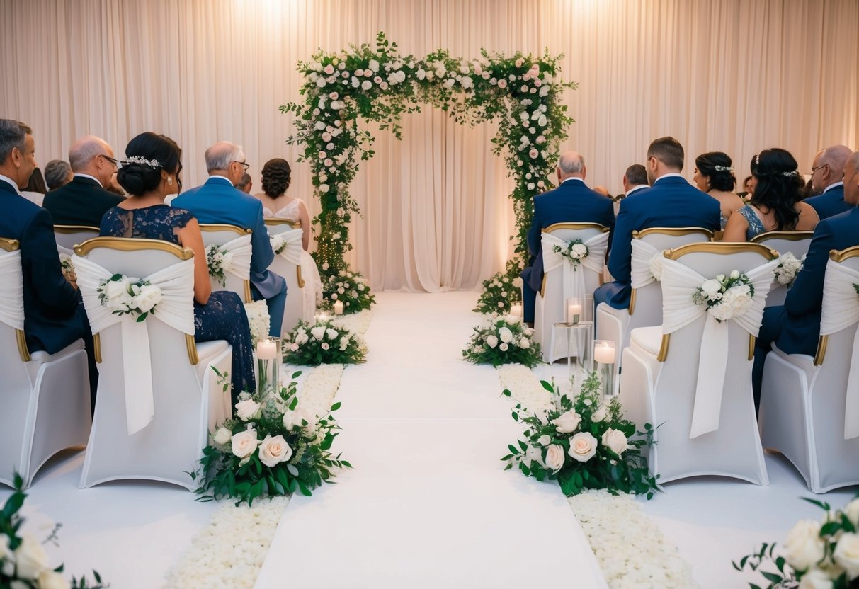 A wedding ceremony seating arrangement with designated sides for the bride and groom's families, marked by floral decorations and elegant seating