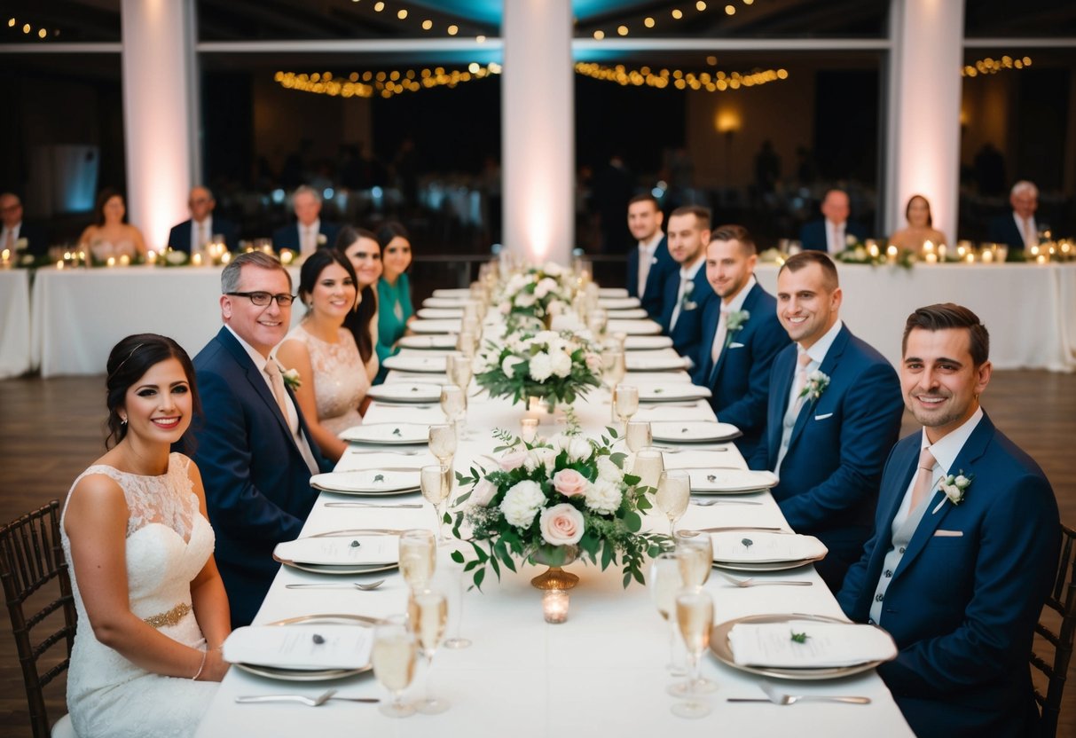 A wedding reception with two long banquet tables, one for the bride's family on the left and one for the groom's family on the right