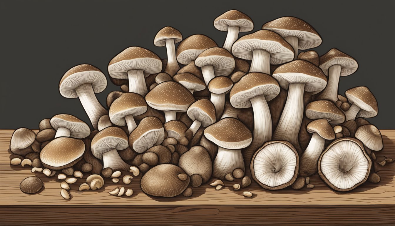 A bountiful spread of fresh shiitake mushrooms, with their smooth, tan caps and delicate gills, showcased on a rustic wooden cutting board