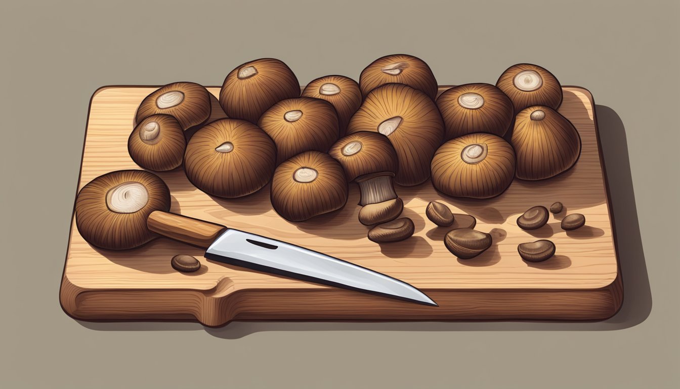 A colorful pile of shiitake mushrooms arranged on a wooden cutting board, with a knife and a few loose mushroom caps scattered nearby