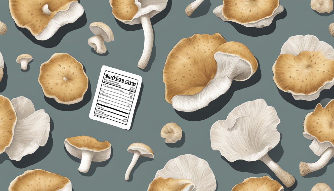 A table covered in agaricus mushrooms, a nutrition label, and a question mark