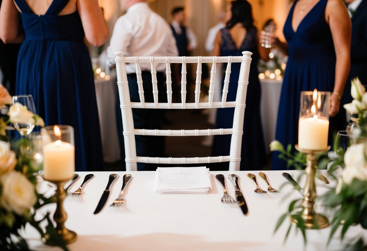 A single empty chair at the head table, adorned with flowers and candles, stands out amidst the bustling reception