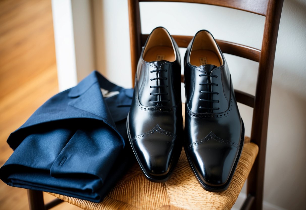 A pair of polished black dress shoes next to a neatly folded suit on a wooden chair